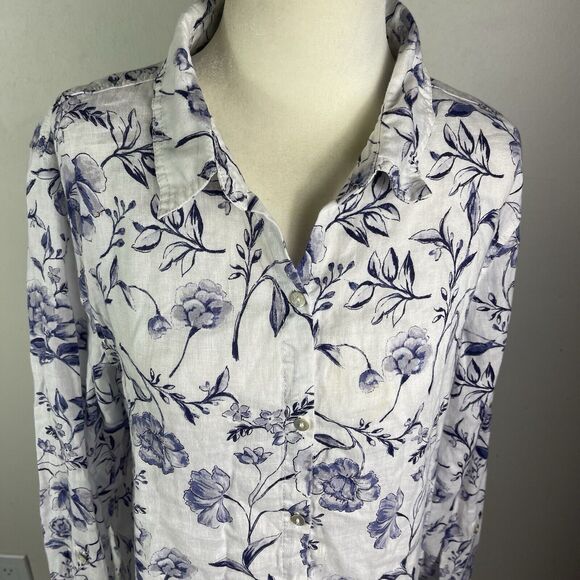Cynthia Rowley Linen Blouse Top L Blue White Floral Roll Tab Sleeves Art to Wear - Picture 4 of 11